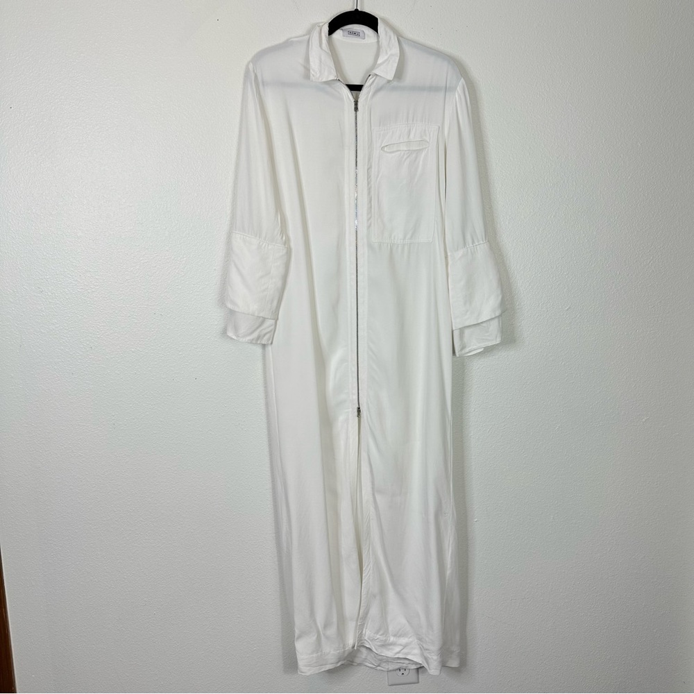 Nomia Zip front shirt dress long sleeve neutral old money quiet luxury minimal